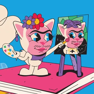 Cartoon cat painting a self-portrait with flowers on head.