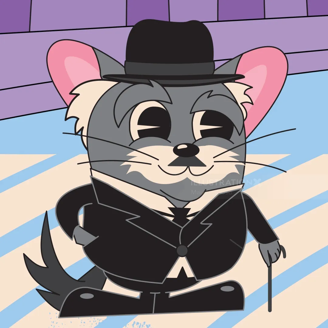 Ratón espía de dibujos animados con abrigo negro, sombrero y bastón en la mano.