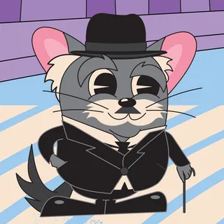 Cartoon mouse spy wearing black coat, hat, and holding a cane.