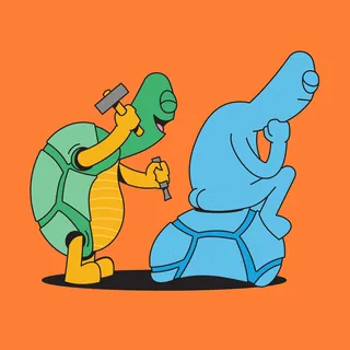 Turtle sculptor carving a sitting turtle statue on an orange background