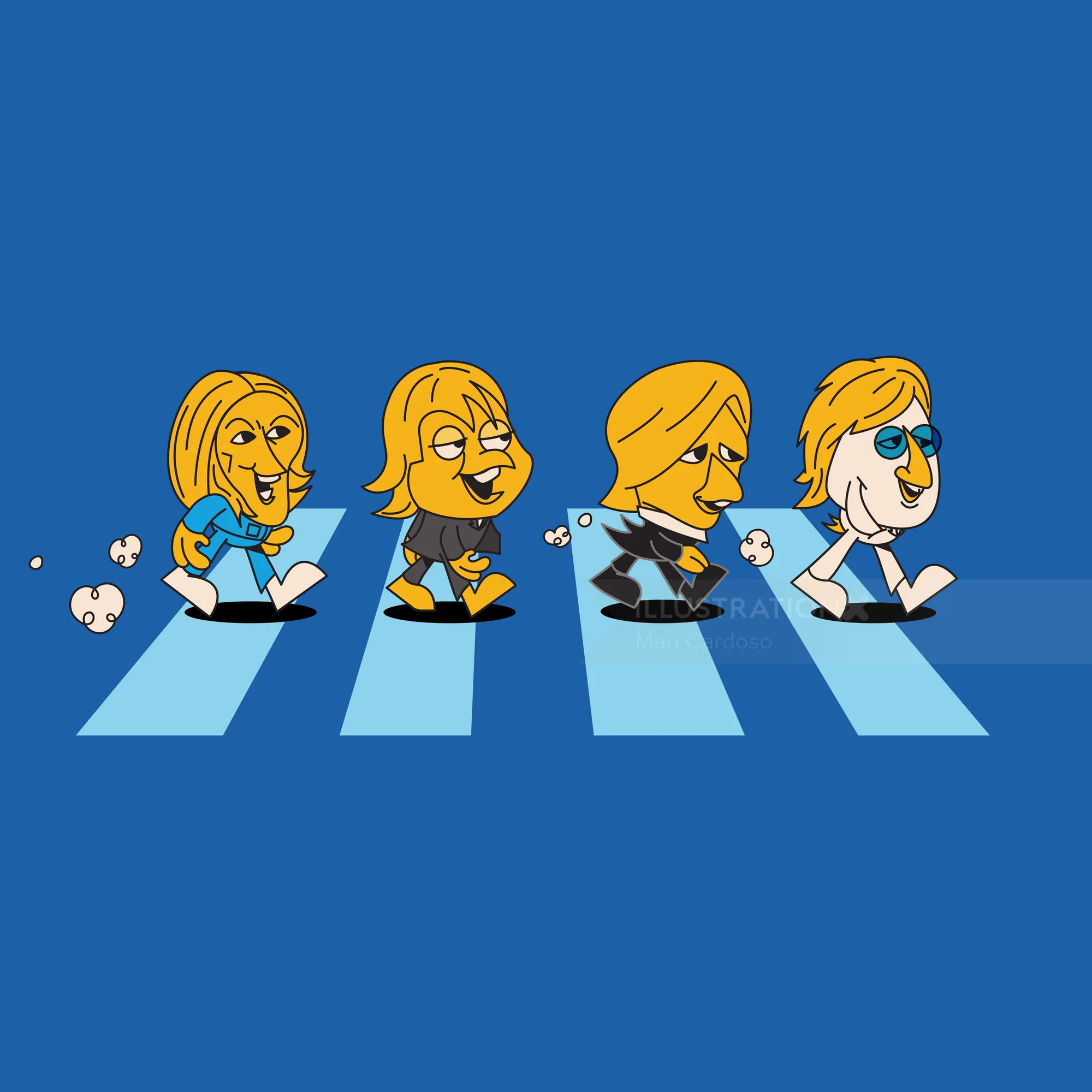 Cuatro personajes de dibujos animados caminando por un paso de cebra con fondo azul