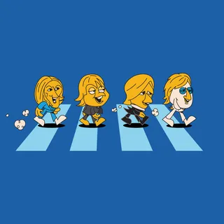 Four cartoon characters walking on a zebra crossing with blue background