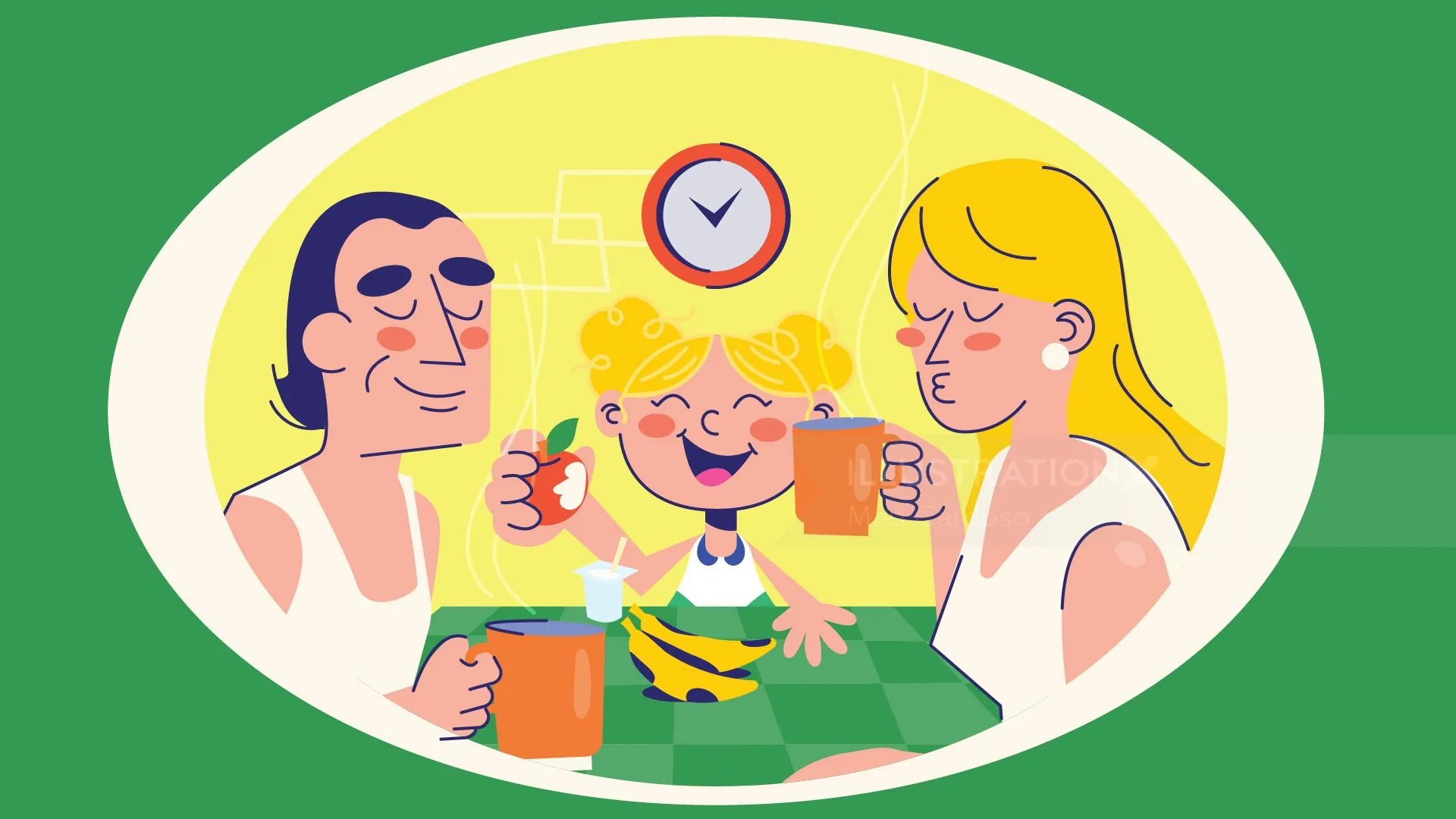 Family of three drinking coffee and smiling around a table