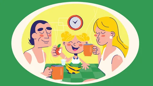 Family of three drinking coffee and smiling around a table