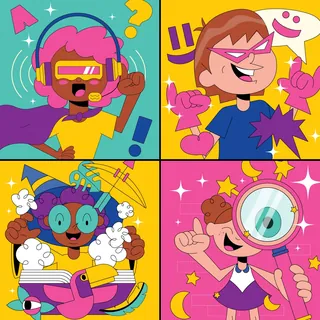 Four diverse cartoon kids with headphones, glasses, headphones, and magnifying glass