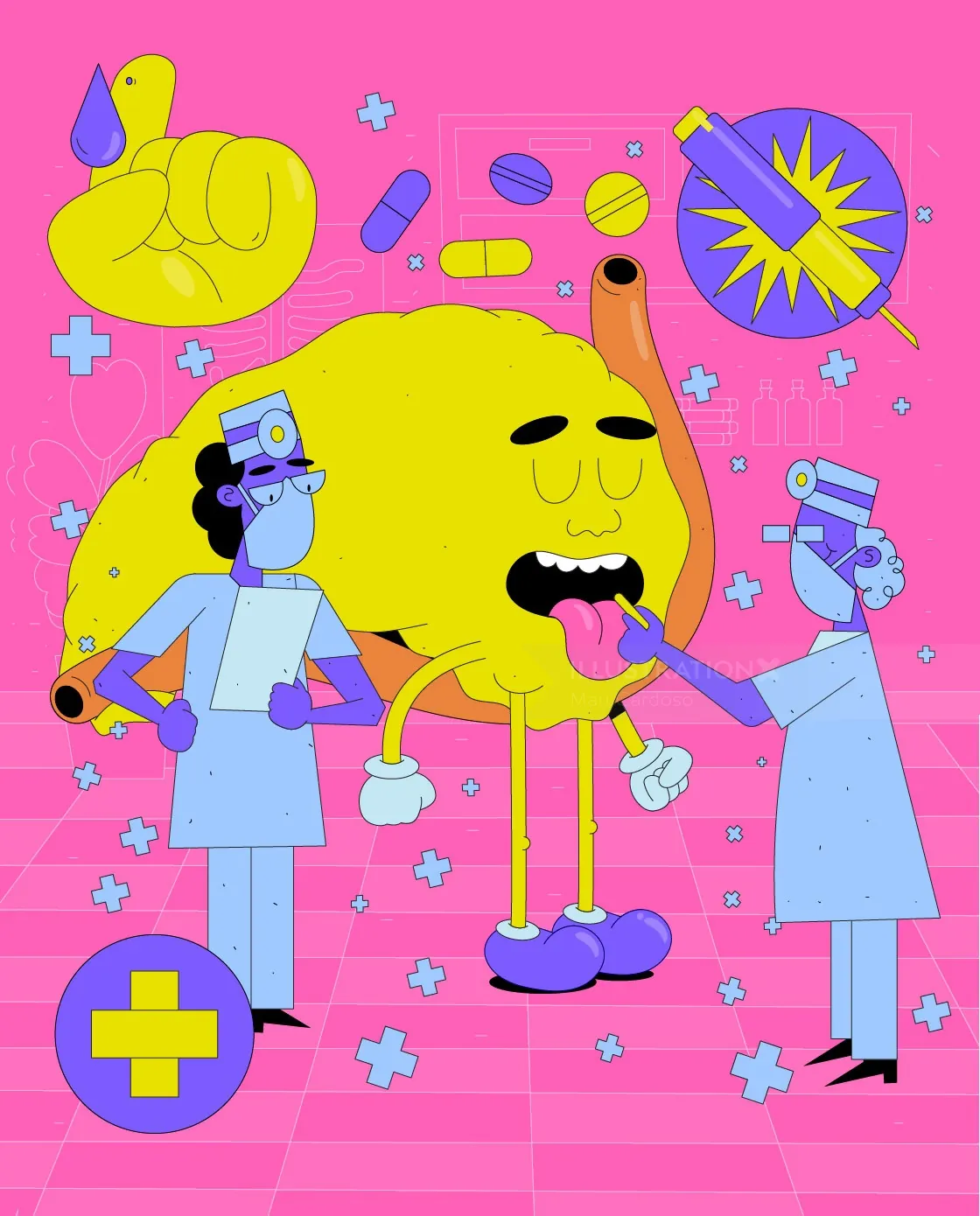 Personaje de dibujos animados con cerebro siendo examinado por dos profesionales médicos