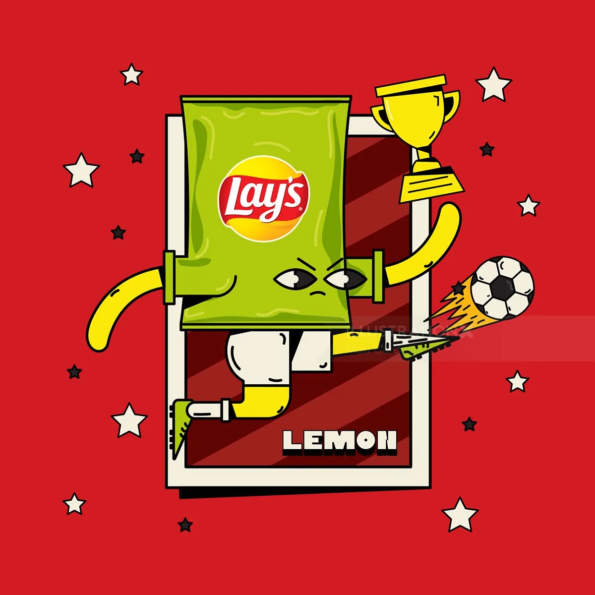 Personaje de Lay's en bolsa de chips de limón jugando al fútbol y sosteniendo un trofeo