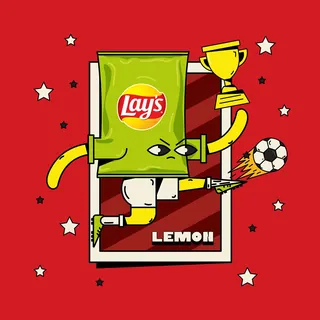 Lay’s lemon chip bag character playing soccer and holding trophy
