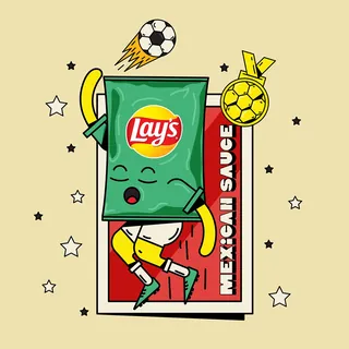 Animated Lay's Mexican Sauce chip bag juggling soccer ball with medal
