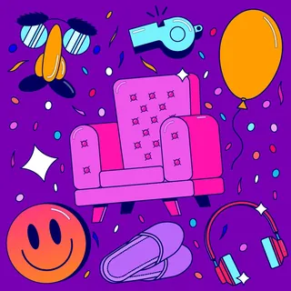 Bright pink armchair with slippers, balloon, headphones, and fun shapes on purple background