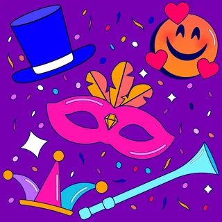 Carnival mask, hat, trumpet, and happy emoji with hearts on purple background
