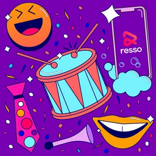 Illustration showing a drum, laughing emoji, tie, trumpet, smiling mouth, and smartphone with Resso 