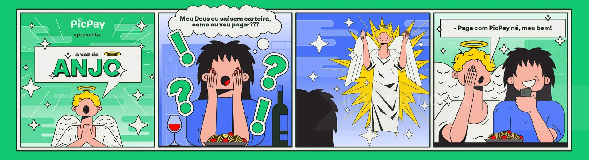 Comic strip with character and angel experiencing a bright light moment.