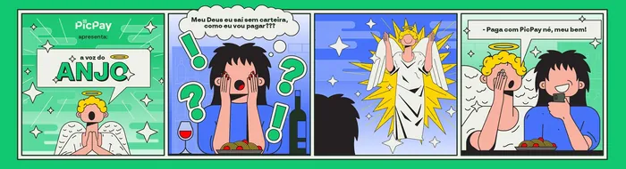 Comic strip with character and angel experiencing a bright light moment.