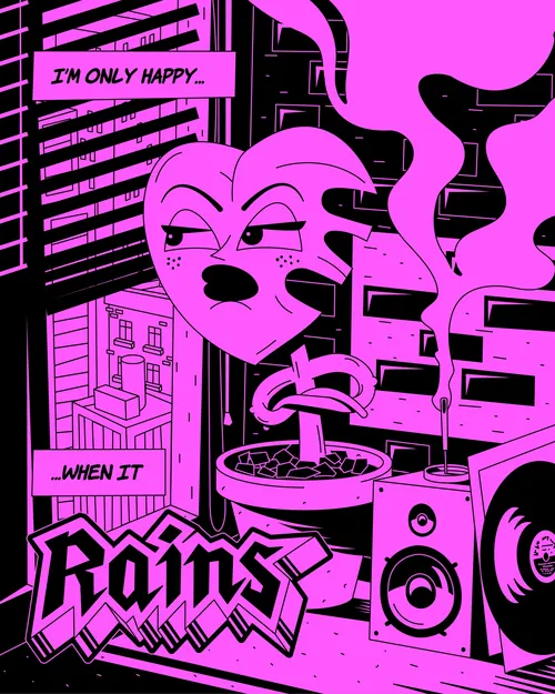 Illustration of heart with cigarette and smoky cityscape in neon style