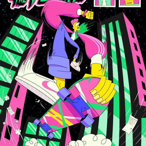 Skateboarder in neon cityscape with cartoon posters and flying papers