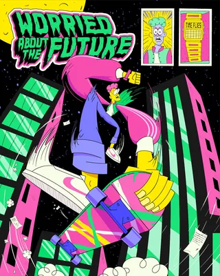 Skateboarder in neon cityscape with cartoon posters and flying papers