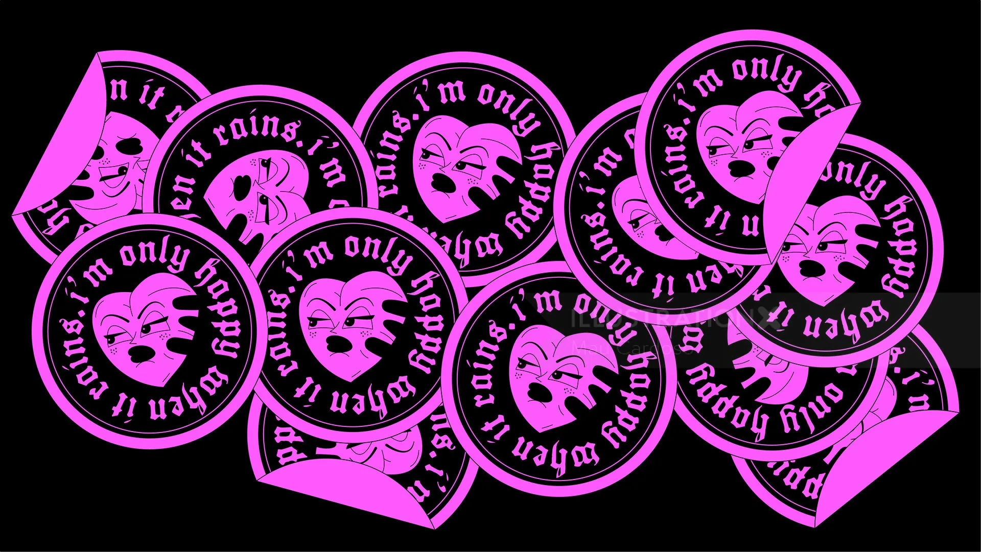 Neon pink masks with happy and sad faces and a repeating quote on black background.