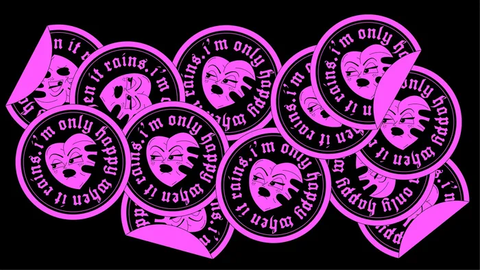Neon pink masks with happy and sad faces and a repeating quote on black background.