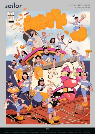 Cartoon sailors joyfully dancing and playing music on a ship deck.