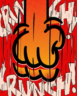 Orange comic fist punching with bold impact text in background