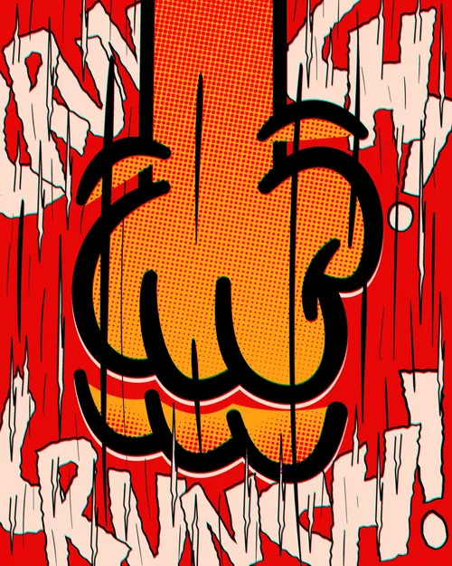 Orange comic fist punching with bold impact text in background