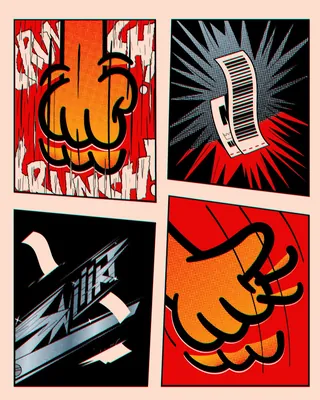 Comic panels with fists and a flying receipt on dynamic backgrounds.