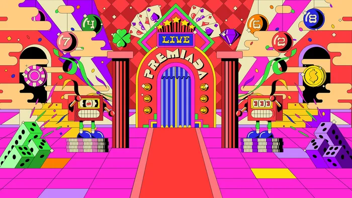 Bright casino entrance with dice, cards, slot machines, and red carpet.