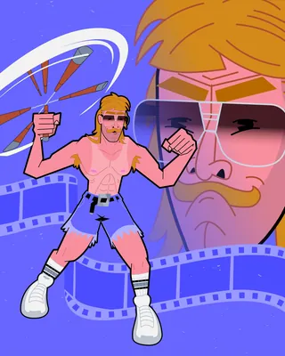 Muscular man with sunglasses and mustache holding spinning nunchucks