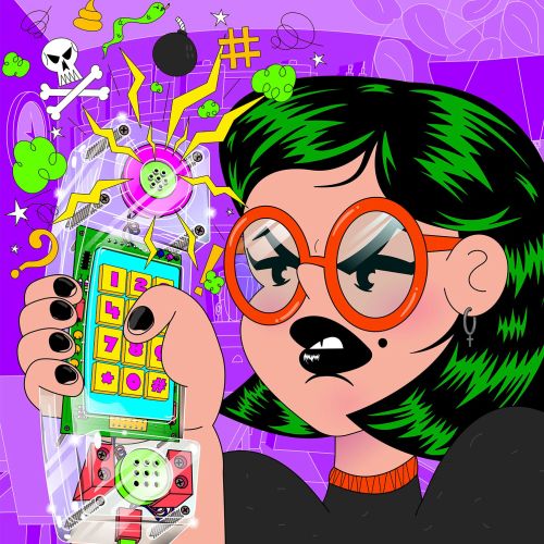 Angry woman with green hair holding a ringing retro phone.