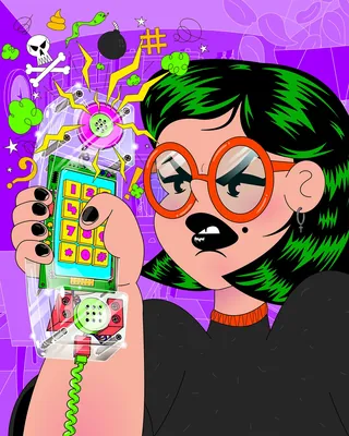Angry woman with green hair holding a ringing retro phone.