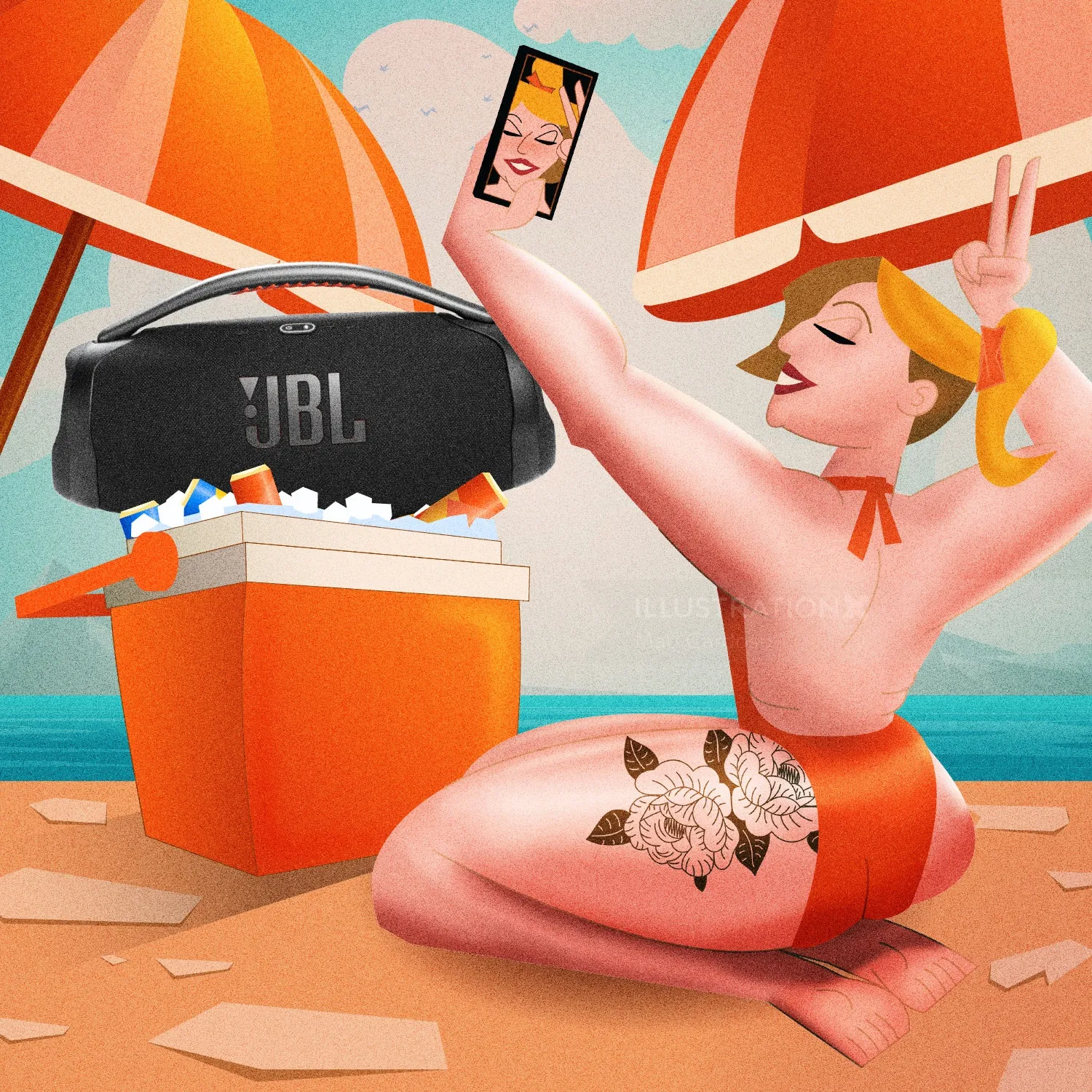 Mujer con tatuaje tomándose una selfie cerca de un altavoz JBL y una hielera en la playa