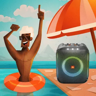 Man dancing in pool wearing sunglasses beside colorful Bluetooth speaker