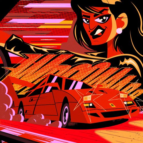Illustration of a red Ferrari F40 with a confident woman driving