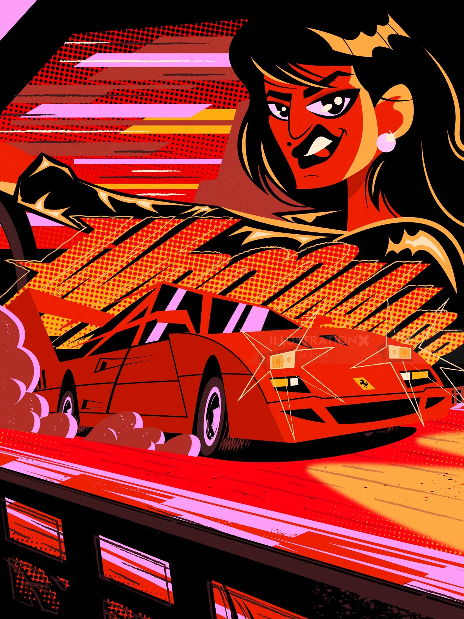 Ilustración de un Ferrari F40 rojo con una mujer segura conduciendo
