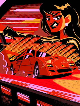Illustration of a red Ferrari F40 with a confident woman driving