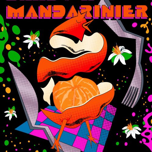 Colorful poster with lips, mandarin fruit, flowers, and text by Mau Cardoso