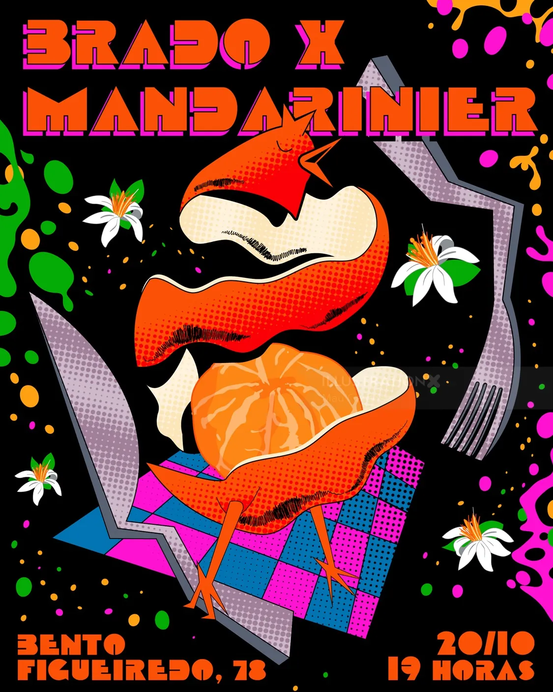 Affiche colorée avec des lèvres, des mandarines, des fleurs et du texte de Mau Cardoso