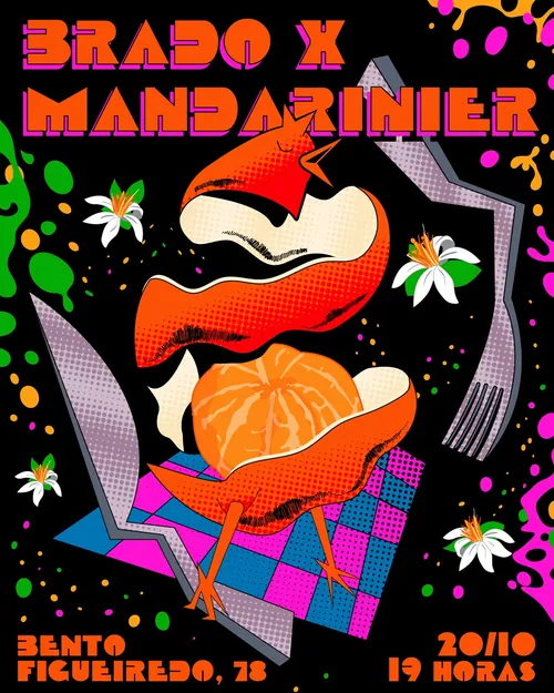 Colorful poster with lips, mandarin fruit, flowers, and text by Mau Cardoso
