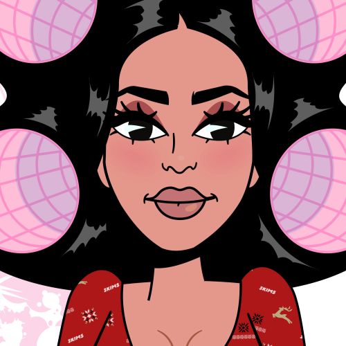 Illustration of Kim Kardashian holding a green cup with hair rollers by Mau Cardoso