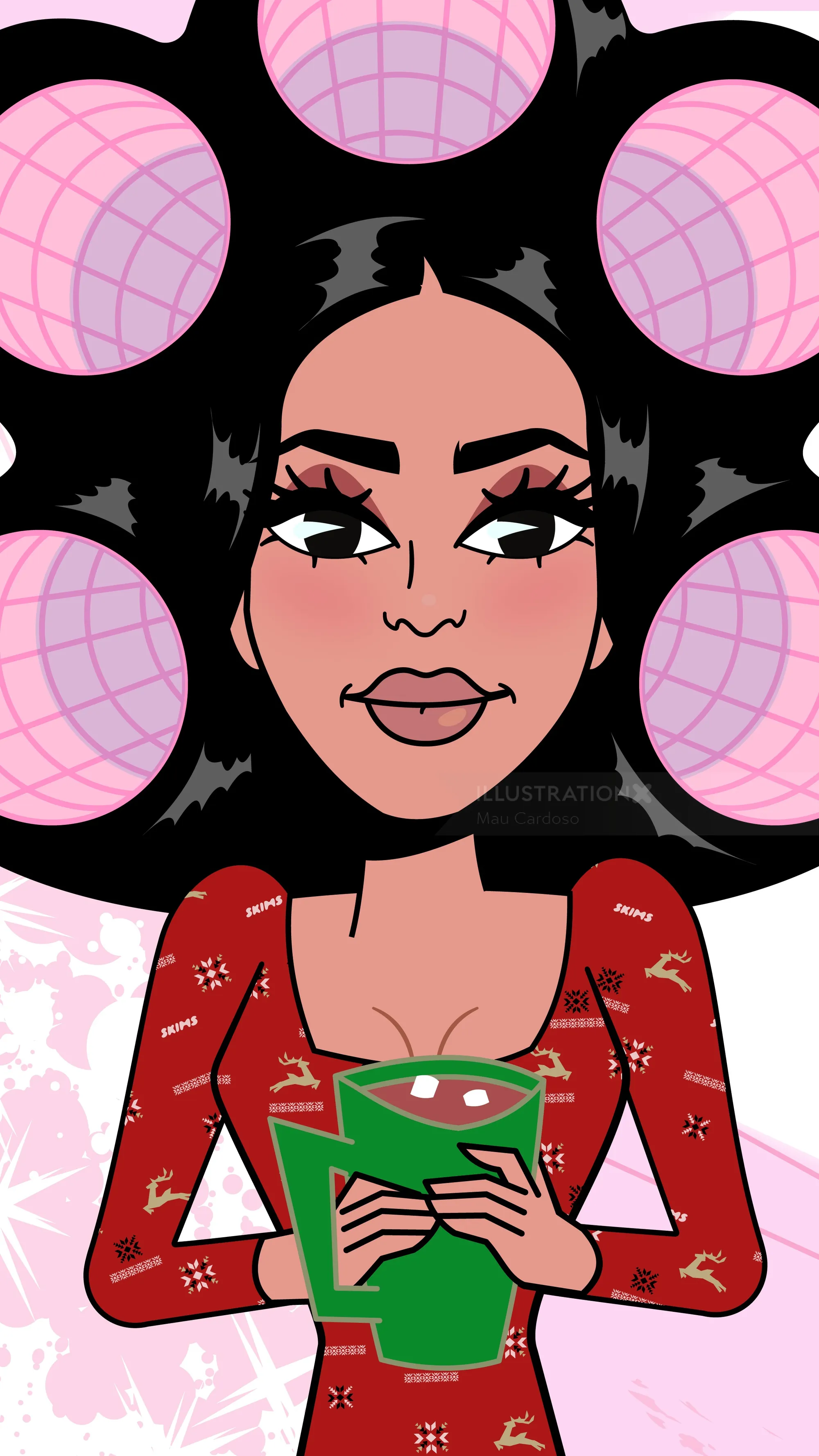 Illustration of Kim Kardashian holding a green cup with hair rollers by Mau Cardoso