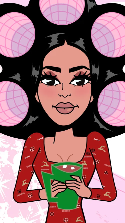 Illustration of Kim Kardashian holding a green cup with hair rollers by Mau Cardoso