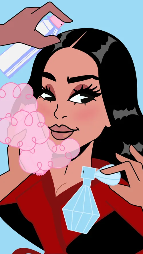 Illustration of Kim Kardashian with perfume and makeup artist Mau Cardoso