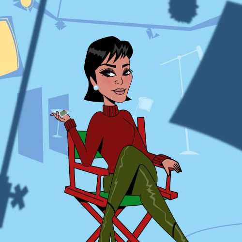Kris Jenner illustration in red top and green boots by Mau Cardoso