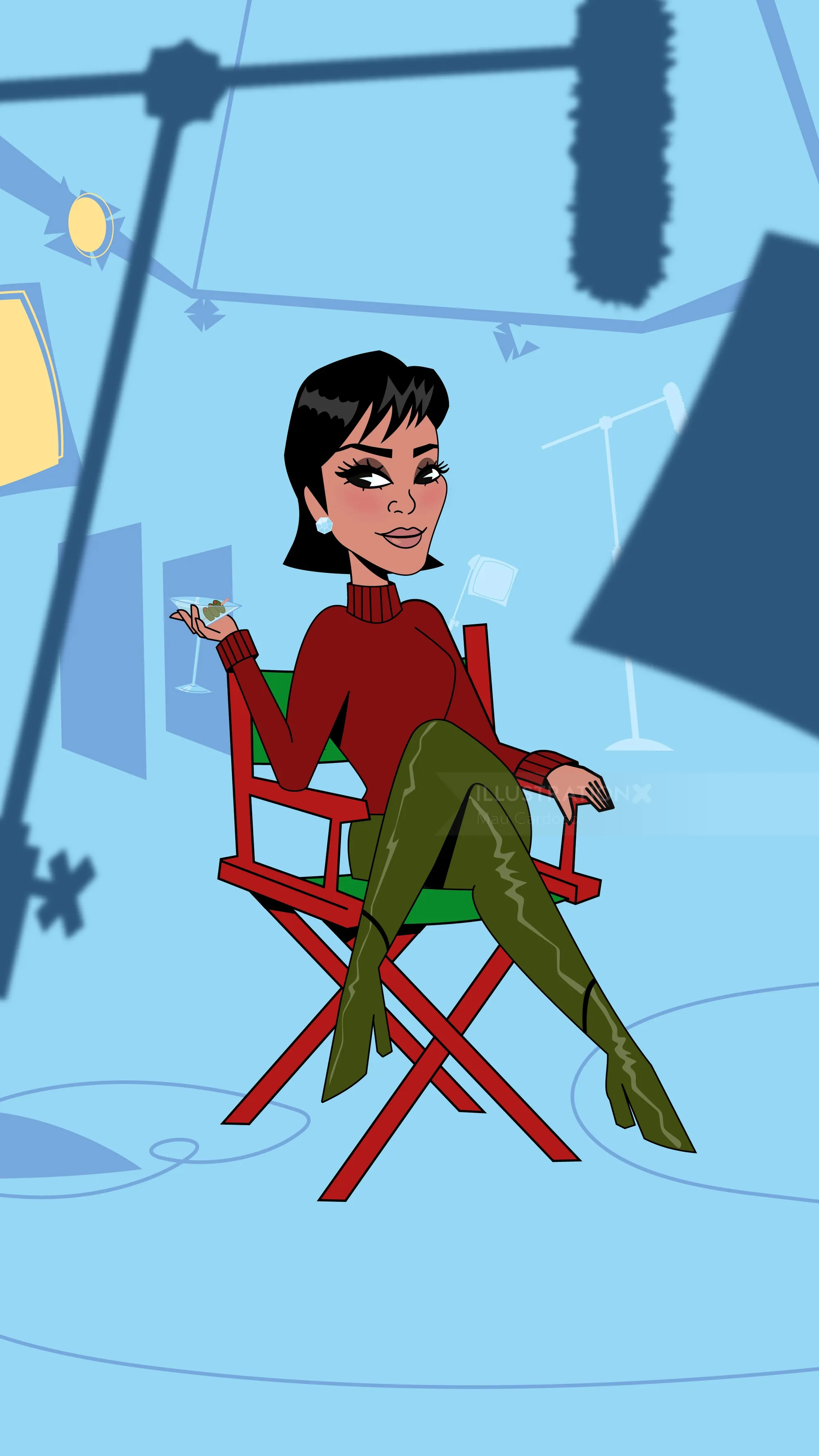 Ilustração de Kris Jenner com blusa vermelha e botas verdes por Mau Cardoso.