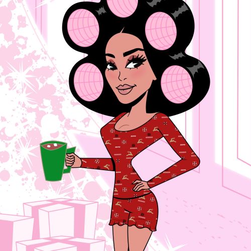 Kim Kardashian illustration with hair rollers holding green cup by Mau Cardoso