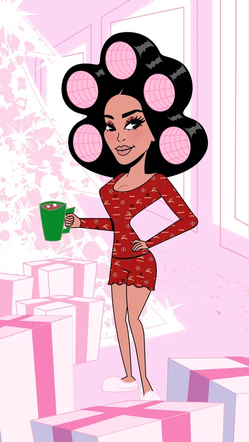 Kim Kardashian illustration with hair rollers holding green cup by Mau Cardoso