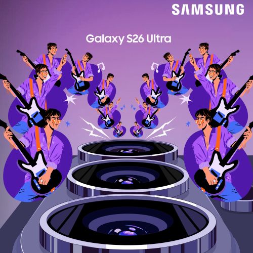 Illustration of musicians playing guitars around Samsung Galaxy S26 Ultra camera lenses by Mau Cardo