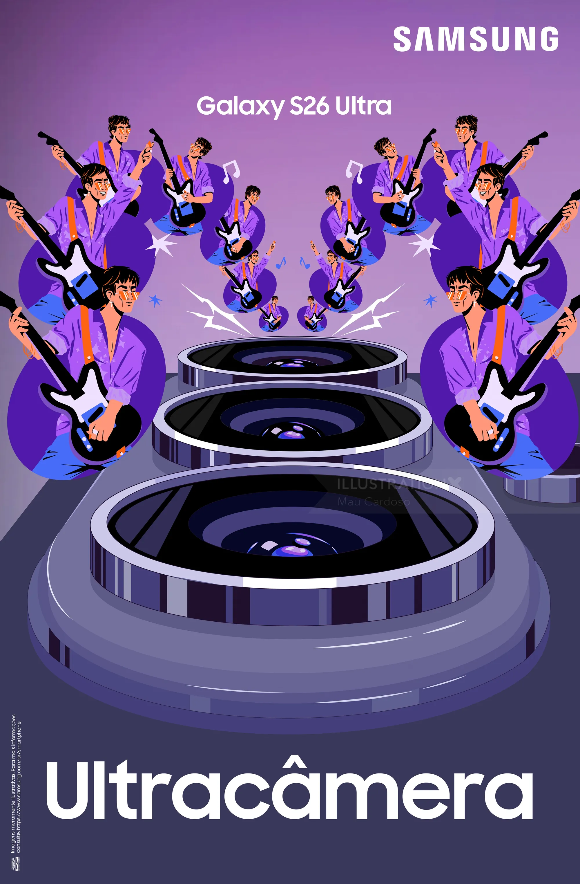 Illustration of musicians playing guitars around Samsung Galaxy S26 Ultra camera lenses by Mau Cardo