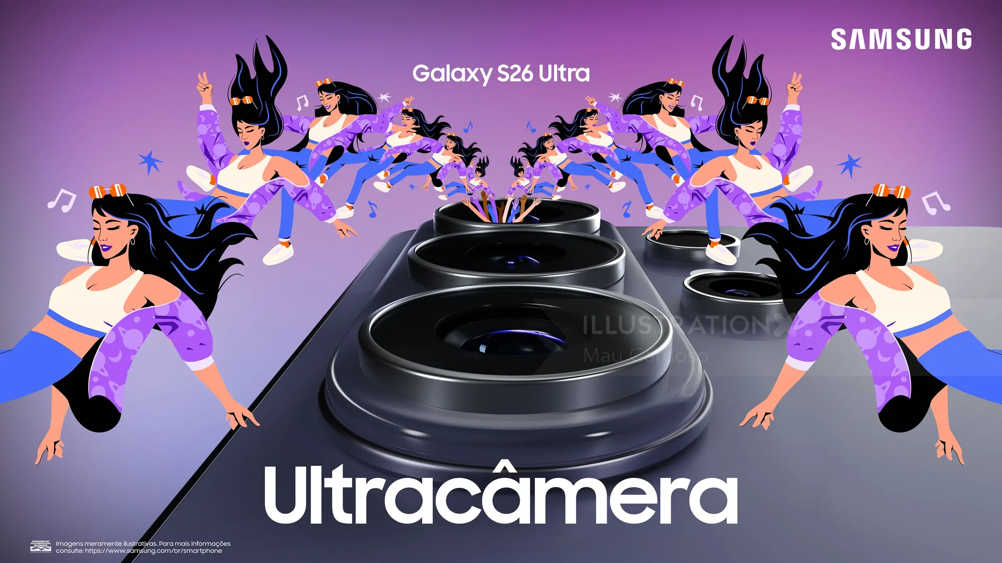 Cámara ultrarrápida del Samsung Galaxy S26 Ultra con personas bailando, obra de arte de Mau Cardoso.